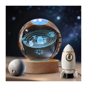 ERESGREAT 3D 태양계 크리스탈 볼(라이트 베이스 포함), 유리 볼 모델 천문학 선물, 다색 야간 조명 물리학 애호가, 우주 과학 60mm