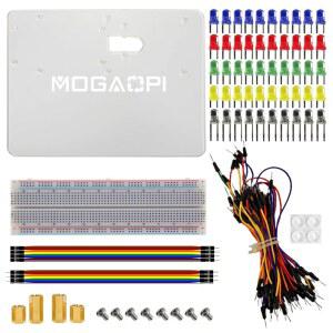 MOGAOPI 브레드보드 점퍼 와이어 키트, 830 포인트 솔더리스 브레드보드, LED 발광 다이오드, 라즈베리 파이 4B, 3B+, 3B용 아크릴 베이스 플레이트, 아두이노 UNO R3 전자 키트용