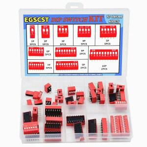 EGSCST 41PCS 10 가치 이중 행 레드 딥 스위치 모음 키트 1 2 3 4 5 6 7 8 9 위치 2.54mm PCB 장착 가능 오프 슬라이드 타입 토글 DIC 브레드보드 회로 브레드보드용