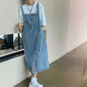 멜빵롱스커트 여성 멜빵 언발 데님 롱원피스 캐주얼 치마