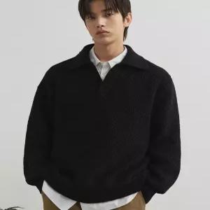 드로우핏 오버핏 피케 와플 니트 BLACK