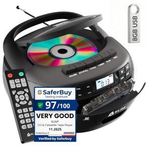 케이스 블루투스 붐박스 AM/FM 라디오 스테레오 사운드 리모컨 CD 및 카세트 콤보 테이프 녹음 USB 드라이브 AUX AC/DC 전원 포함 KLIM 플레이어