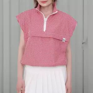 여성 체크 패턴 캡소매 반집업 루즈핏 경량 바람막이 조끼