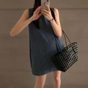 여성 개성 있는 스트라이프 라운드넥 민소매 미니 드레스