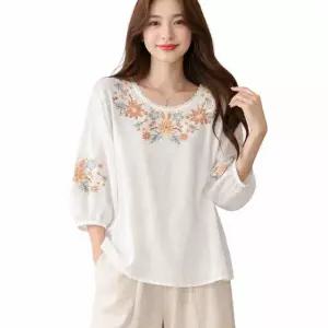 로뢸 모임많은 중년여성 자수 린넨 여름 티셔츠 블라우스