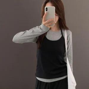 여성 홀터넥 백리스 레이어드 나시 스판 기본 티셔츠 가을용
