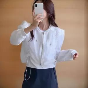 여성 셔링 스트링 후드 크롭 재킷 바람막이 점퍼