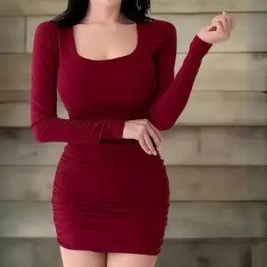 여성용 슬림핏 스퀘어넥 셔링 볼륨 미니 원피스 긴팔