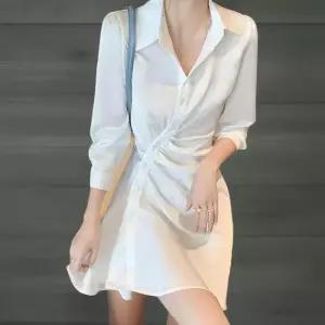 여성 단추 언발 카라 미니 원피스 무지컬러