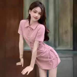 여성 자수 카라넥 미니 원피스 셔링 디자인 키치 스타일