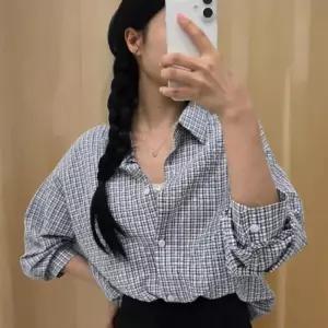 여성용 체크 패턴 오버사이즈 코튼 셔츠