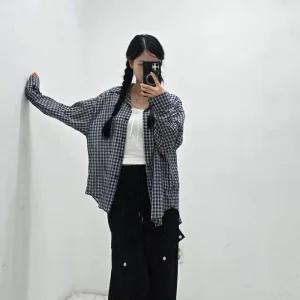 여성 키치 스타일 배색 체크 면 루즈핏 셔츠
