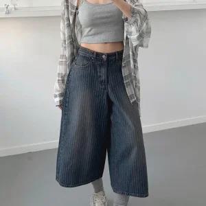 여성용 가을 스트라이프 와이드핏 9부 버뮤다 진