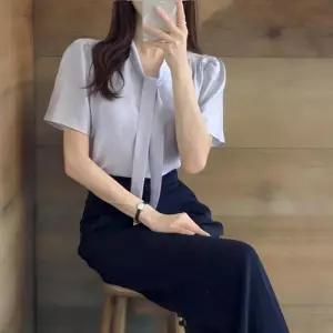 여성 사무실 의상 타이넥 쉬폰 반팔 블라우스 찰랑핏