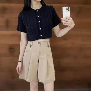 여성 단색 꽈배기 니트 크롭 반팔 가디건