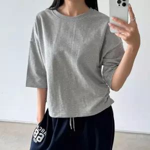 여자 옆셔링 무지반팔티 라운드넥 무채색 코튼 티셔츠