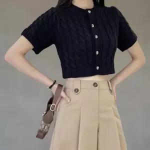 여성 단색 꽈배기 케이블 크롭 반팔 니트 가디건
