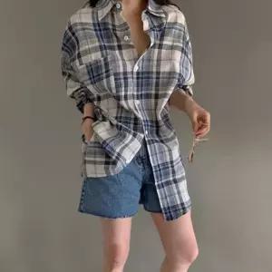 여성 배색 체크 루즈핏 포켓 셔츠