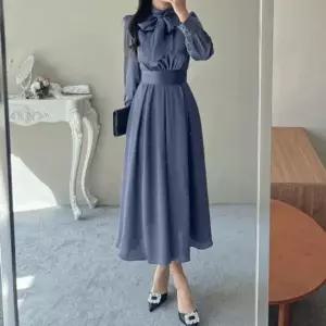 [하프클럽/]베로니아 새틴 리본 하이넥 타이 셔링 스카프 롱 여신 파티 원피