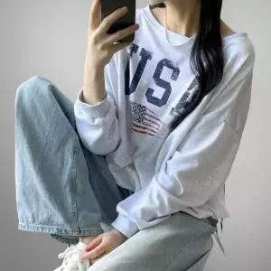 여자 원숄더맨투맨 프린팅 루즈 오버핏 가을 티셔츠