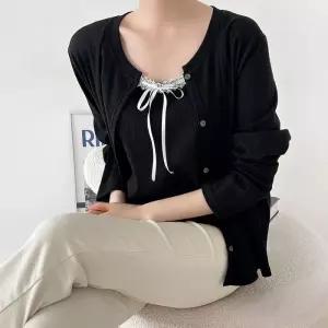 여성 레이스 포인트 리본 나시와 박시 라운드 가디건 세트