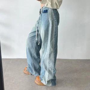 여성 끈 디테일 컷팅 부츠컷 배색 논스판 워싱 진