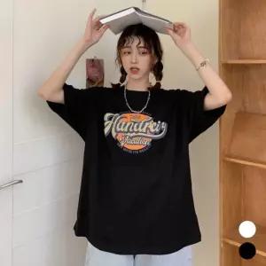 여성 오버핏 반팔티 면티셔츠 캐릭터 로고 프린팅 블랙