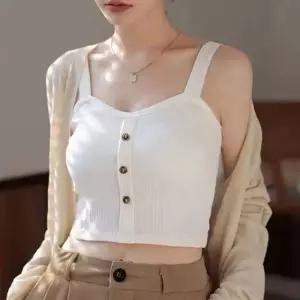 여성 캡 일체형 버튼 포인트 골지 편안한 민소매 나시