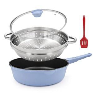 보비쿠케 12인치 논스틱 딥 프라이팬 프라이팬, 뚜껑 달린 5QT 소트 팬, 조리용 야채 찜 조리기구, 분리 가능한 손잡이, 모든 스토브와 호환, 오븐 세이프, PFOA 프리, 블루