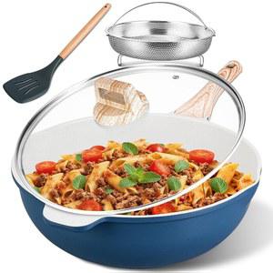 뚜껑 및 스팀 랙이 있는 AOUSH 11인치 논스틱 세라믹 딥 프라이팬, 5QT 소테 팬, 대형 시원한 손잡이 유지, 인덕션 호환, PFOA PFAS 프리,
