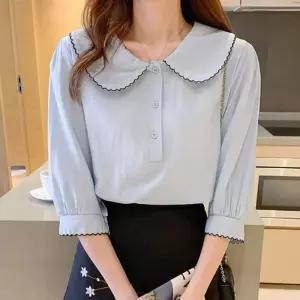 여성 이 쉬폰 빅카라 블라우스 7부 1P 단추 데이트룩