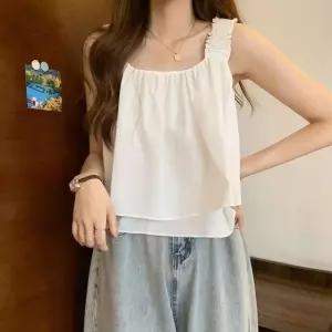 주름 숄더 크롭 민소매 블라우스 2color 이 쉬폰 나시