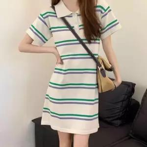 패션 카라 반팔 스트라이프 미니 원피스 위 데일리
