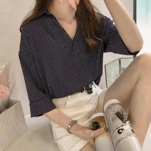 이 반오픈 카라 세로 스트라이프 5부 셔츠 짝꿍닷컴