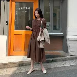 [옷자락]여자 봄 가을 면 플레어 셔링 라운드 롱 원피스