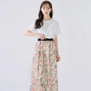 [옷자락]여자 플라워 밴딩 봄 여름 플리츠 데일리 롱 스커트