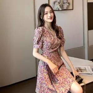반팔 쉬폰 꽃무늬 봄 잔 여자 원피스 플라워