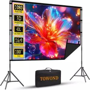 스탠드가 있는 프로젝터 스크린 TOWOND 100인치 휴대용 블랙 백킹 야외 영화 16 9 4K HD 주름 없는