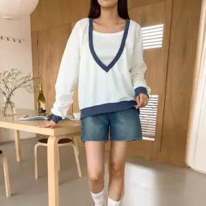 [옷자락]여자 딥 캠퍼스룩 나일론 V넥 박시핏 콘트라스트 맨투맨