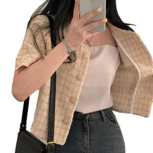 EAMT 여성 트위드 반팔 코트 여름 시크 버튼 숏 체크 상의 EUNG