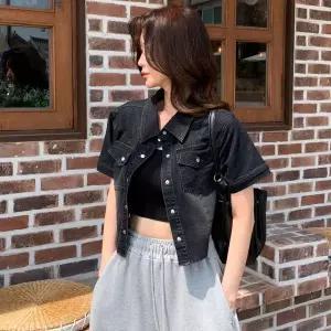 [하프클럽/]여자 언발 탱크 데님셔켓 주머니 워싱 청자켓