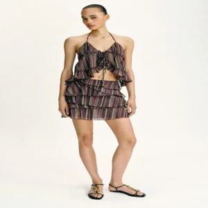 ZARA 메탈릭 얀 스트라이프 스커트 팬츠 - 브라운 8741/101/700