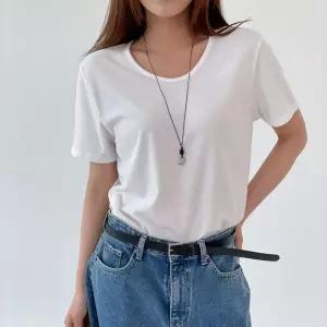 여자 유브이넥 잔골지 반소매 일상룩 SS 티셔츠