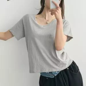 여자 클래식 V넥 분홍색 기본반팔 티셔츠