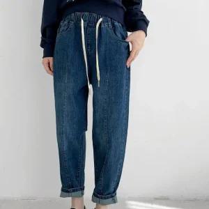 [옷자락]여자 FW 벌룬핏 배기진 워싱 진청 끈밴딩 청바지