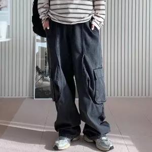 [옷자락]여자 아메카지 와이드 카고데님 논스판 뒷밴딩 청바지
