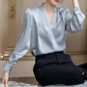 [옷자락]여성 실크 하객룩 새틴 핀턱 셔링 블라우스