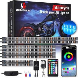 브레이크 턴 시그널 라이트가 장착된 8PCS 더블 로우 모터사이클 RGB LED 라이트 키트, APP/RF 리모컨이 매우 밝은 언더글로우 라이트, 스포츠 바이크, 크루저, 스트리트 및 더트 모터사이클을 위한 네온 스트립