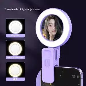 3-in-1 충전식 셀카 라이트 휴대용 LED 링 접이식 거울 폰 홀더 라이브 스트리밍 영상 통화용