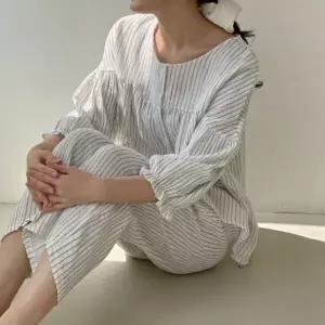 여자 내추럴한 핏감의 순면 거즈 소재 칠부 소매 홈웨어 파자마 세트25518493588872